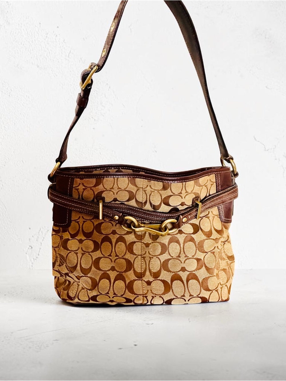 Coach Signature Hamptons Brown Leather Canvas Hobo Bag 12469